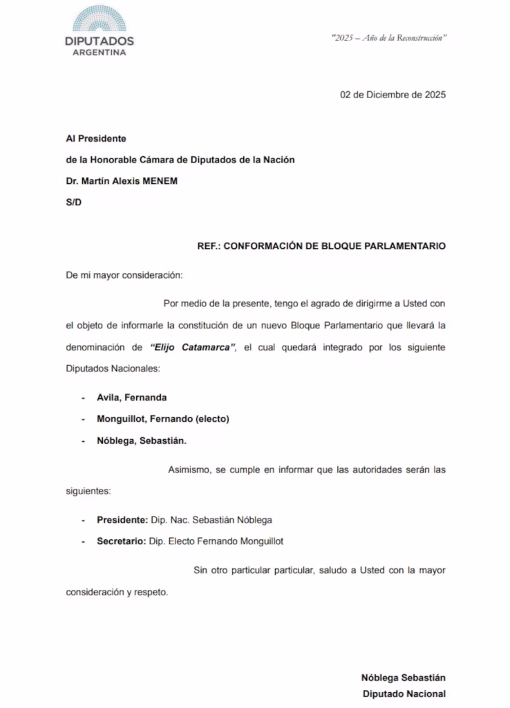 Tres Diputados que responden al Gobernador de la Provincia de Catamarca, Raúl Jalil abandonaron el bloque de UXO y armaron una banca nueva denominada 'Elijo Catamarca'